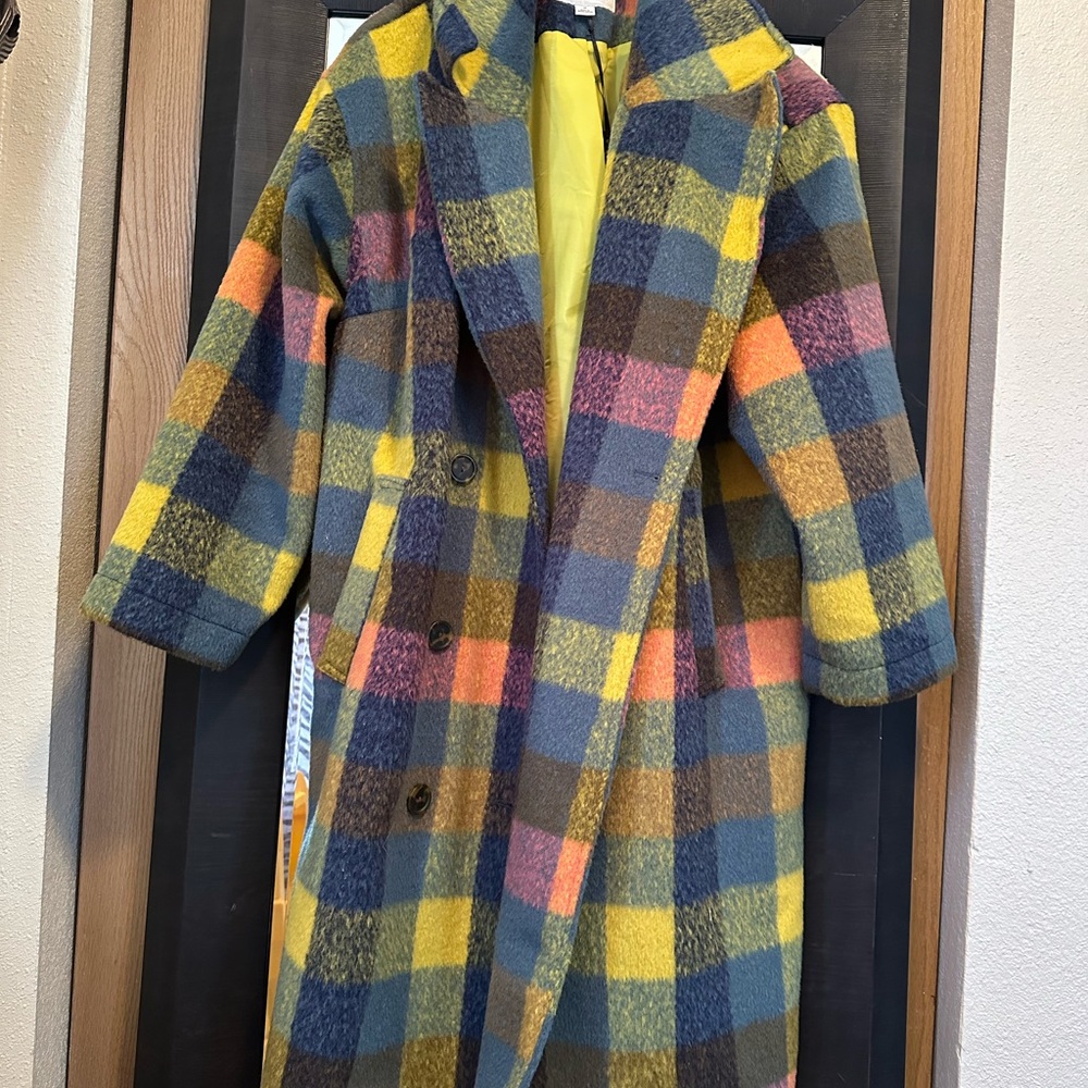 Ava & Viv Blue and Yellow Pea Coat with Bold Pattern and Cozy Fabric